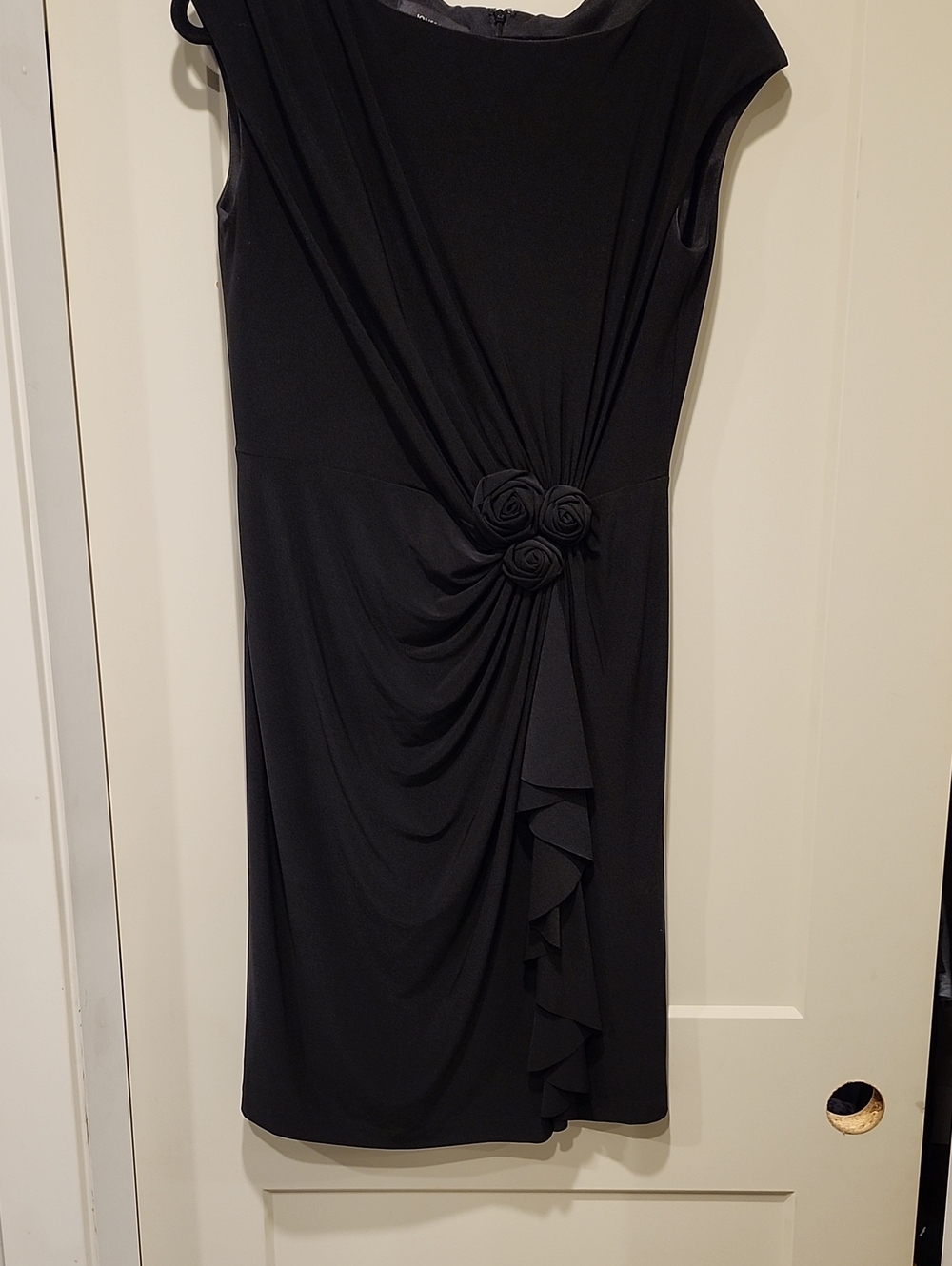 Jones & Co Classic Black Women’s Draped Dress with Rosette Detail